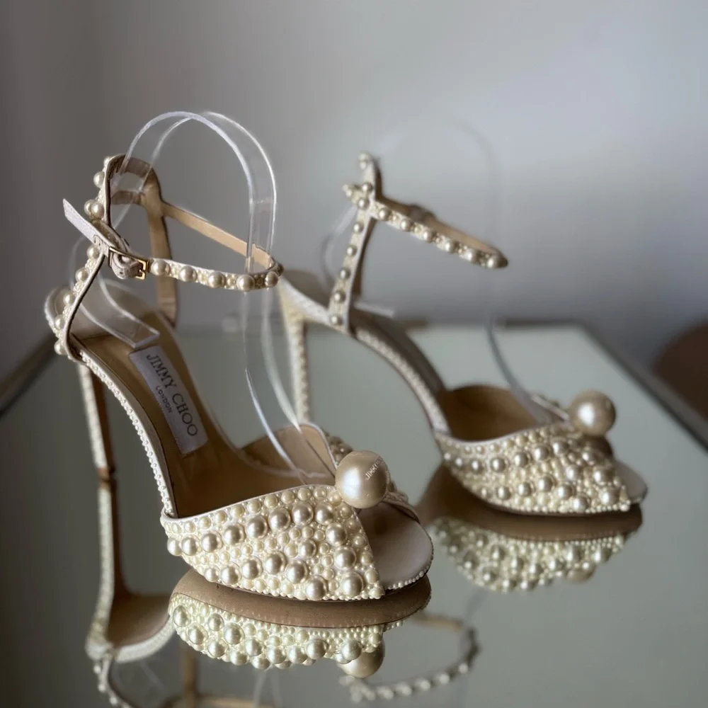 Like New Jimmy Choo Sacora 100 White Satin Sandals with All Over Pearls 38 - Picture 11 of 16